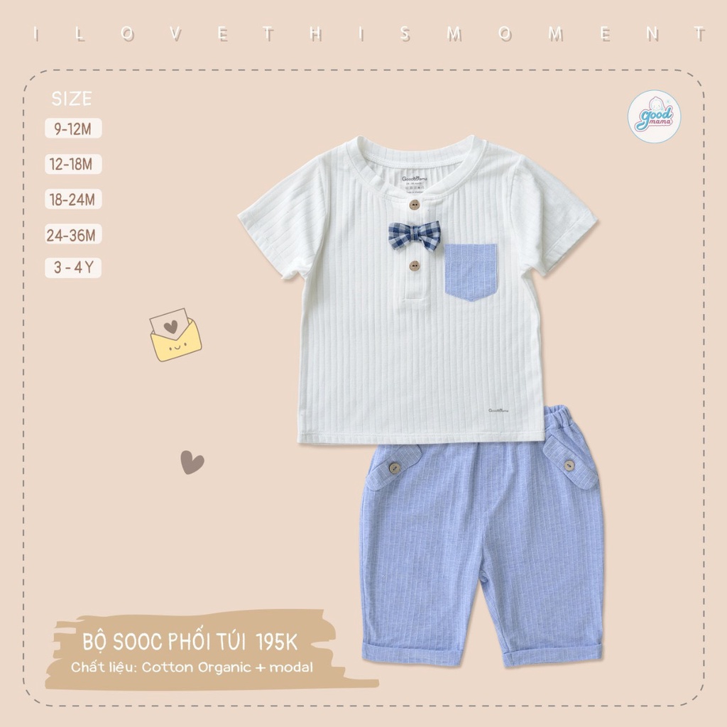 [CHÍNH HÃNG] Bộ cộc tay quần sooc phối túi cổ trụ nơ ngực vải cotton modal cho bé Good Mama