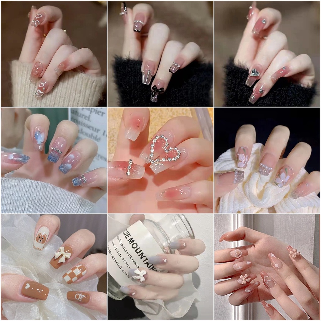 Bộ 24 Móng Tay Giả Dài Đính Đá Lấp Lánh Thời Trang