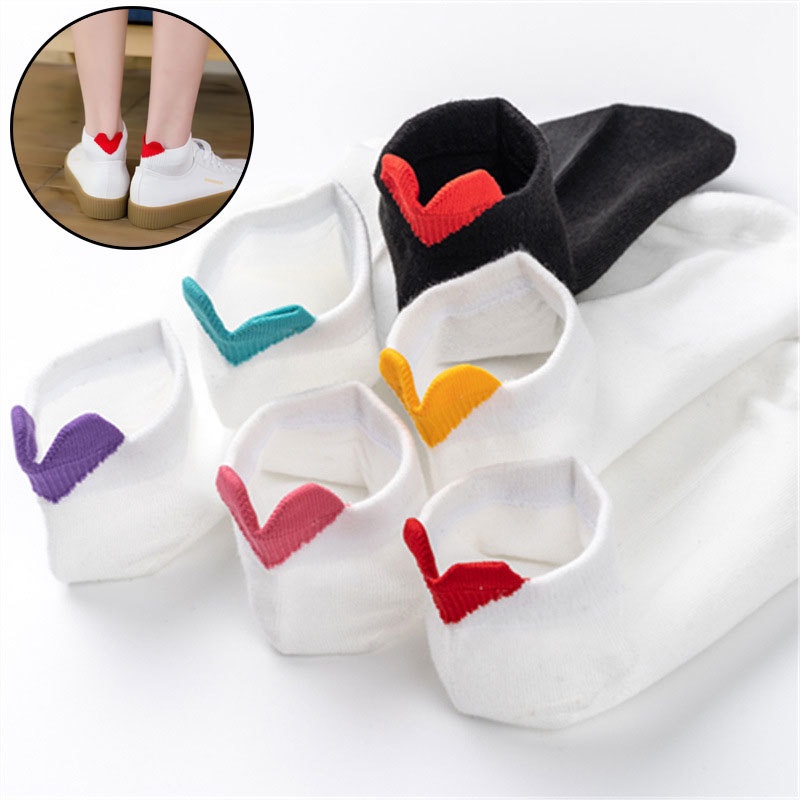 1 Đôi Tất Cotton Trắng In Hình Trái Tim Dễ Thương Cho Nữ