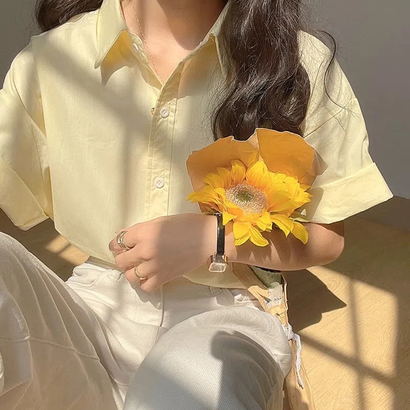 Áo Sơ Mi Ngắn Tay Màu Vàng Nhạt Thiết Kế Mới Thời Trang Mùa Hè Theo Phong Cách Pháp Cho Nữ