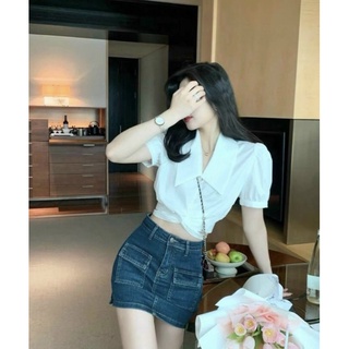 Áo sơ mi croptop cột nơ