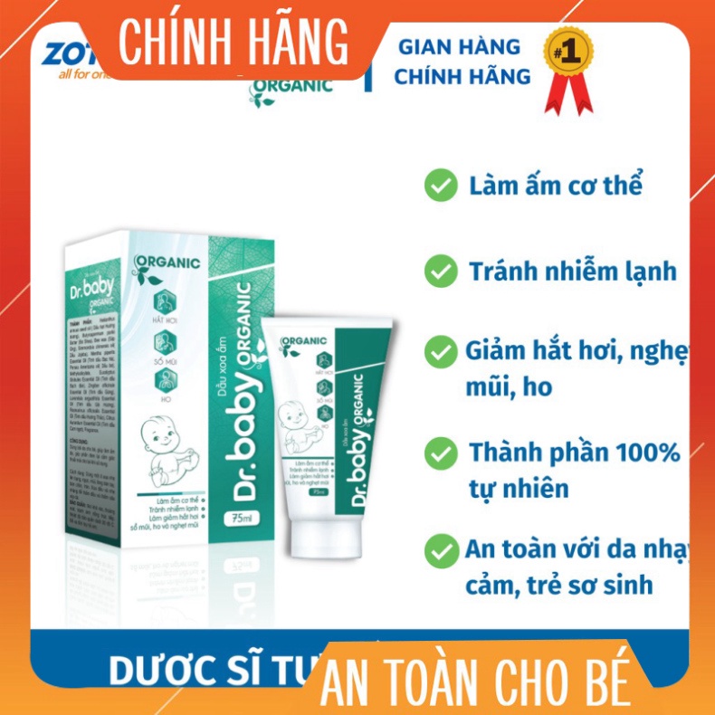 Dầu xoa ấm cho bé Dr Baby Organic giữ cơ thể giảm ho nghẹt mũi phòng ngừa muỗi đốt côn trùng cắn 75ml chính hãng