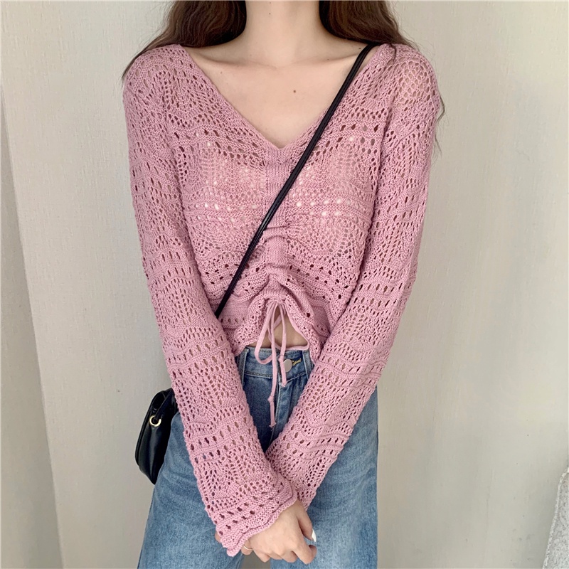 Áo Dệt Kim Tay Dài Cổ Chữ V Dáng Rộng Phối Dây Rút Thời Trang Trẻ Trung