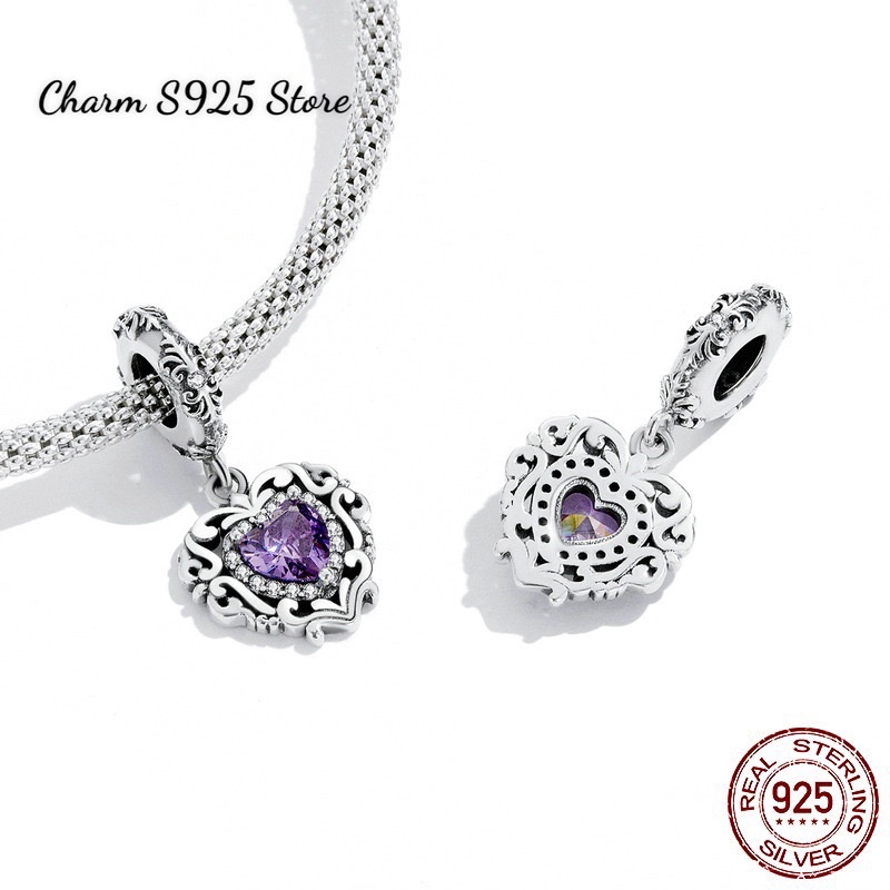 CHARM TREO TIM HOẠ TIẾT ĐÍNH ĐÁ BẠC S925 CAO CẤP CHÍNH HÃNG