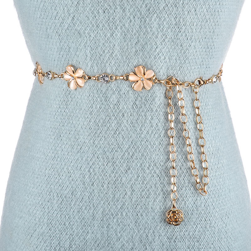 Thắt lưng dây xích chuỗi hoa đá, đai váy nữ hoa 5 cánh móc xích kim loại