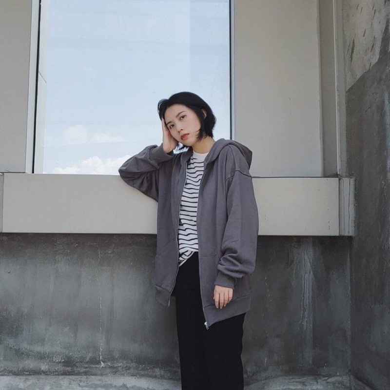 Áo khoác hoodie Nỉ nữ  màu Xám [ Freeship]🌸 jacket dáng rộng phối khóa kéo kiểu Hàn Quốc cá tính🌸 | BigBuy360 - bigbuy360.vn