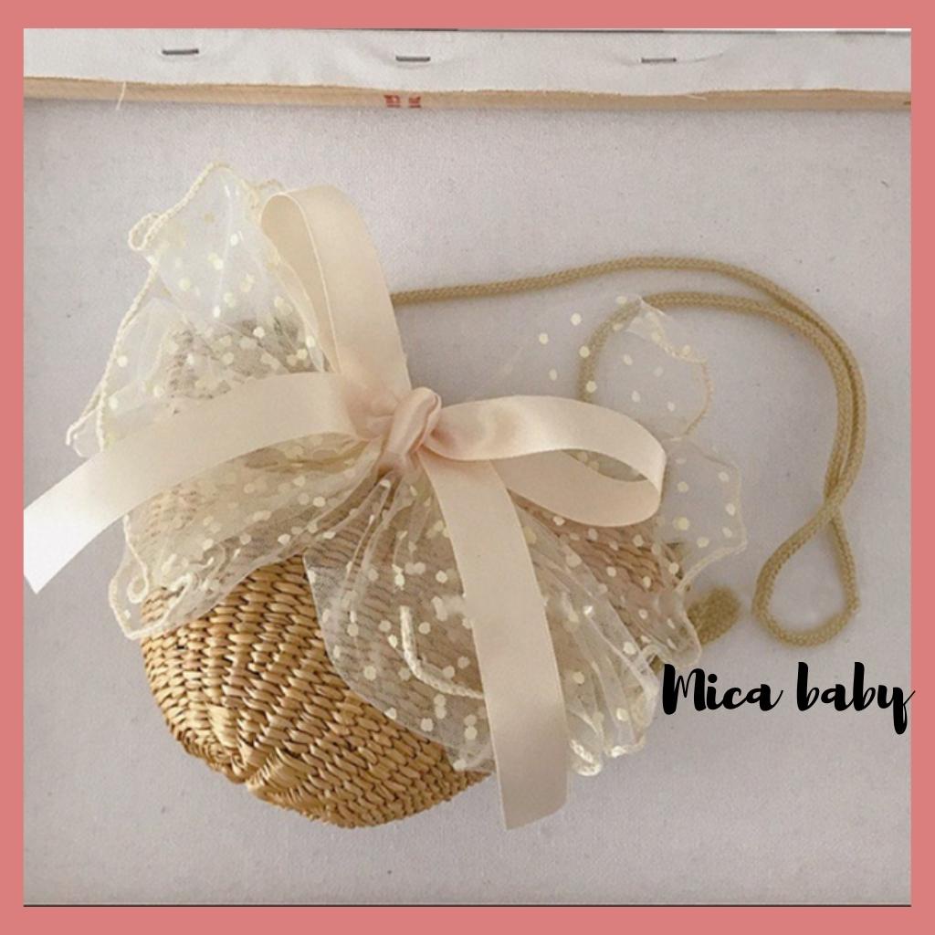 Túi cói đeo chéo đính nơ voan bản to siêu cưng cho mẹ và bé Mica Baby TC07