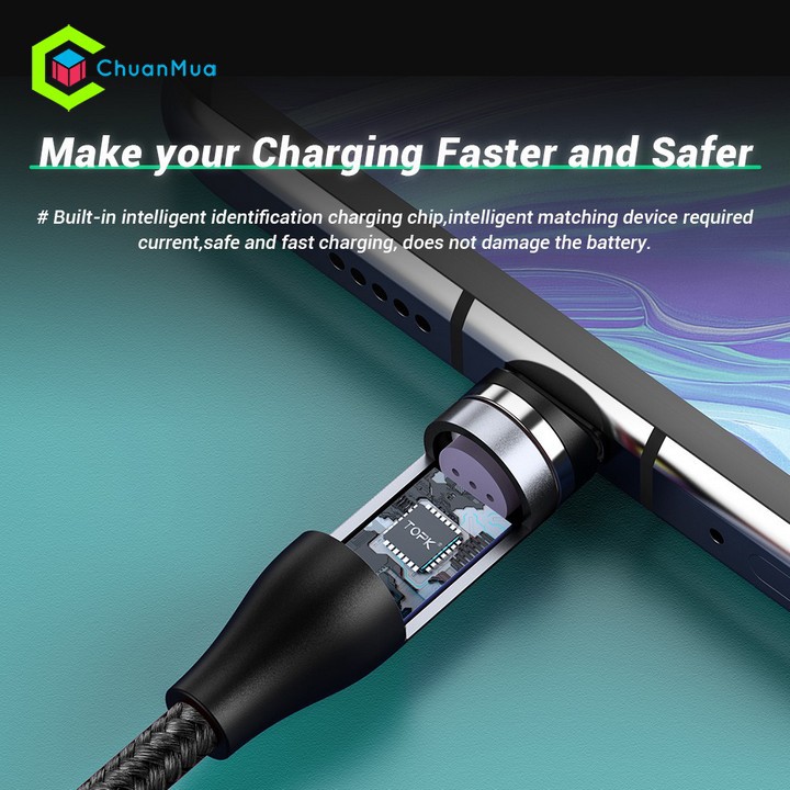 Dây Cáp Sạc Nam Châm Nhanh 3A TOPK (Sạc nhanh, Sạc Từ Tính, Xoay 360, Dây sạc điện thoại