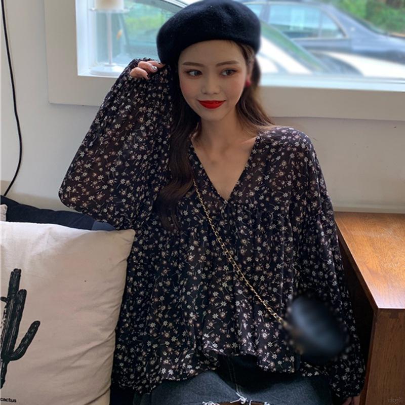 Áo Nữ Tay Dài Cổ Chữ V Họa Tiết Hoa Thời Trang Quyến Rũ