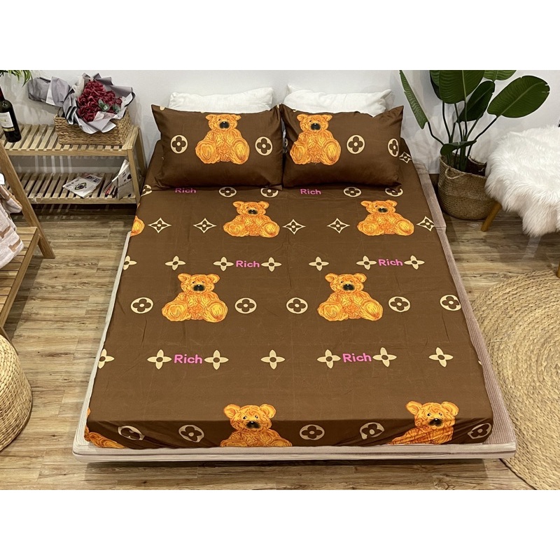 Bộ Ga Gối Gấu Nâu Cotton poly 3D thun mát hình dễ thương đủ kích thước ga bo chun có vỏ gối