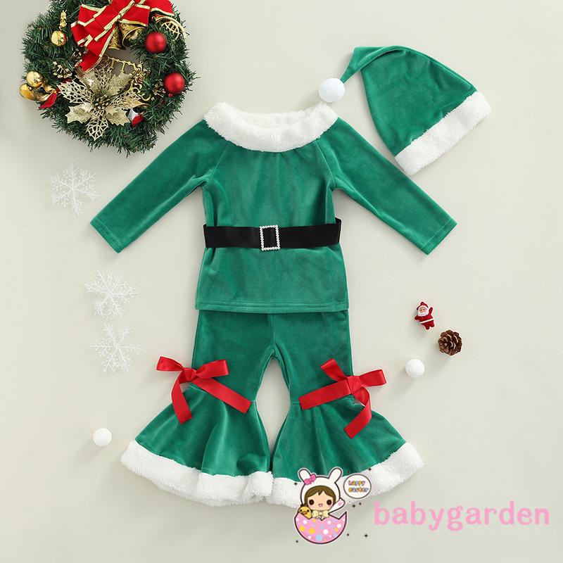 Set áo nhung tay dài + quần ống loe + mũ + thắt lưng phong cách giáng sinh cho bé gái