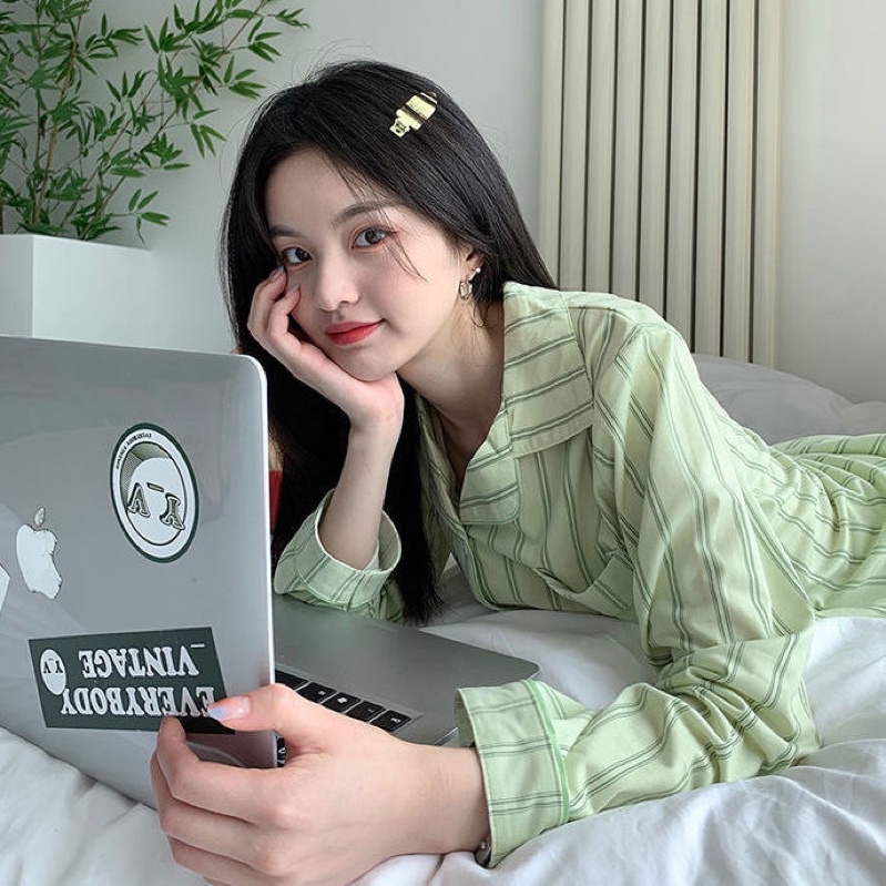Đồ ngủ pijama bộ ngủ dài tay kẻ sọc xanh lá đồ mặc nhà hè thu đông Hàn Quốc ullzang