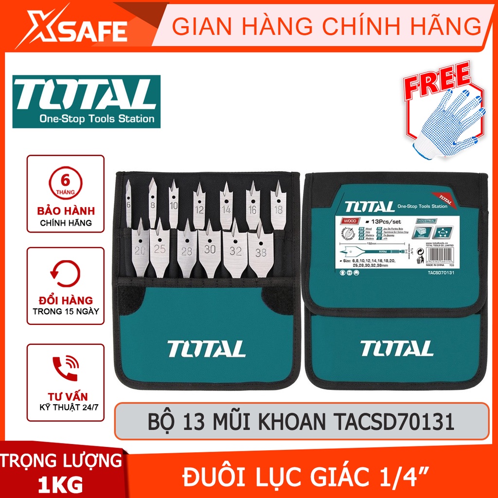 Bộ mũi khoan gỗ đầu dẹp 13 chi tiết TOTAL TACSD70131 bộ 13 mũi khoét gỗ đuôi cá Đuôi lục giác 1/4&quot;, Chiều dài 152mm