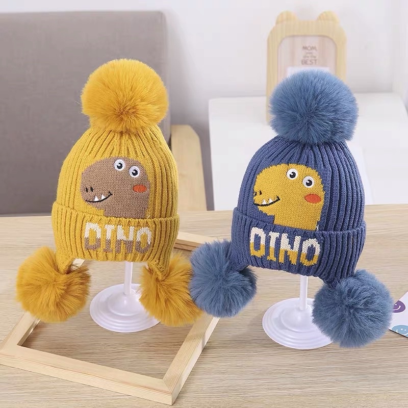 Mũ len chụp đầu 3 quả bông thêu dễ thương cho bé trai bé gái , phù hợp 5 tháng - 3 tuổi