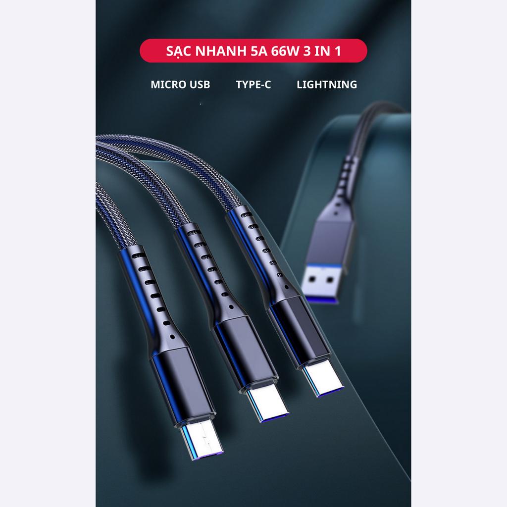 Cáp Sạc Nhanh 5A 66W 3 Trong 1 Chiều Dài 1,2m (3 in 1) Dây Bọc Dù Siêu Bền Chống Đứt Gãy - Hàng Chính Hãng Tamayoko