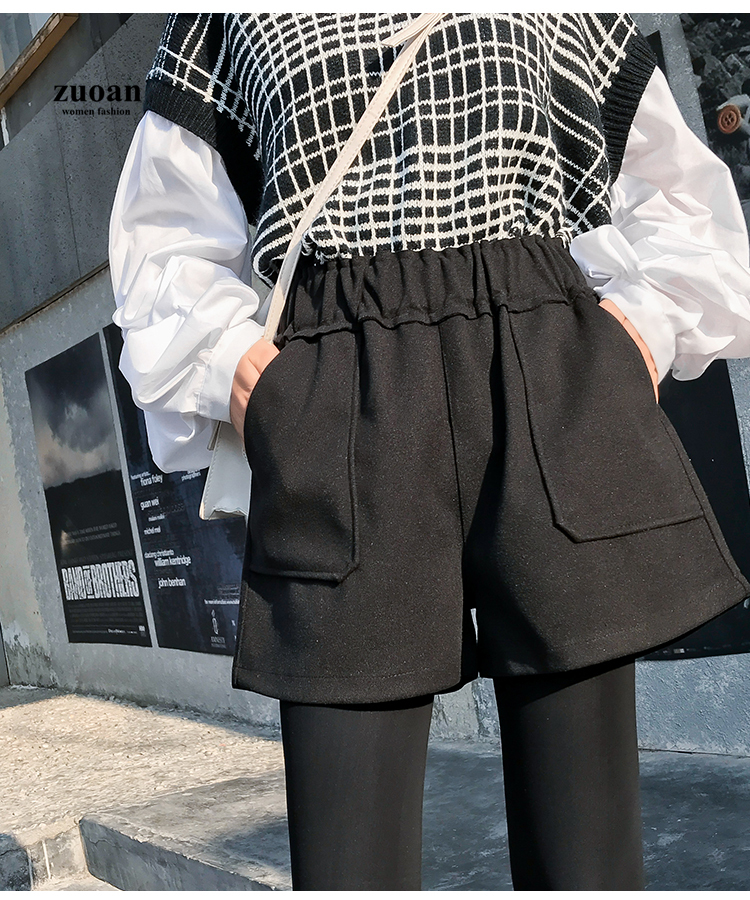 SUXI Quần Short Len Dáng Chữ A Ống Rộng Lưng Cao Thời Trang Thu Đông Cho Nữ