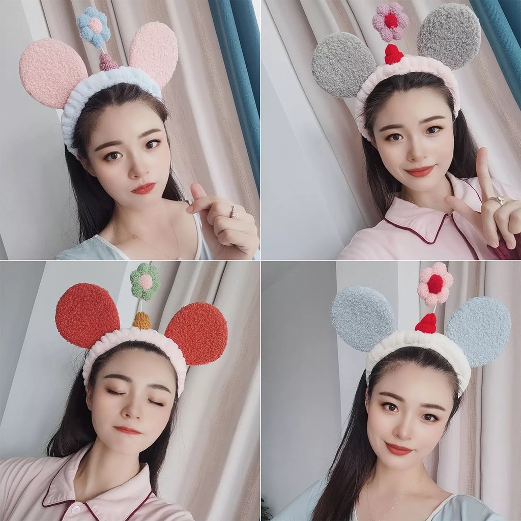 Băng Đô Rửa Mặt Tai Chuột Mickey Đính Hoa