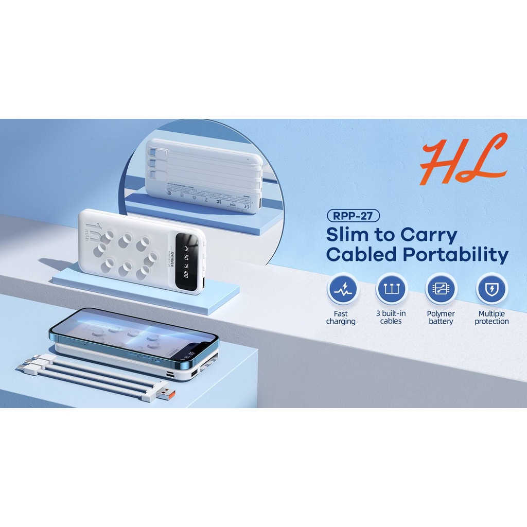 Pin Dự Phòng Remax 10000mAh RPP-27 (Kèm Cáp Sạc 3 Đầu, Tích Hợp Cao Su Giữ Điện Thoại) - BH 12T - Hunglongpc