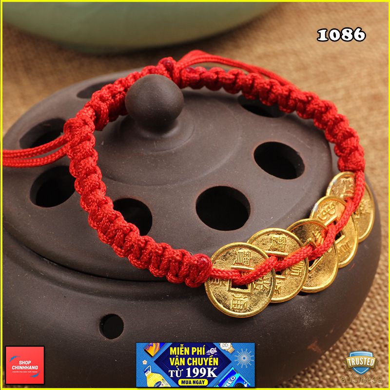 VÒNG TAY THỜI TRANG CHỈ ĐỎ MIX 5 XU KIM TIỀN SH1086
