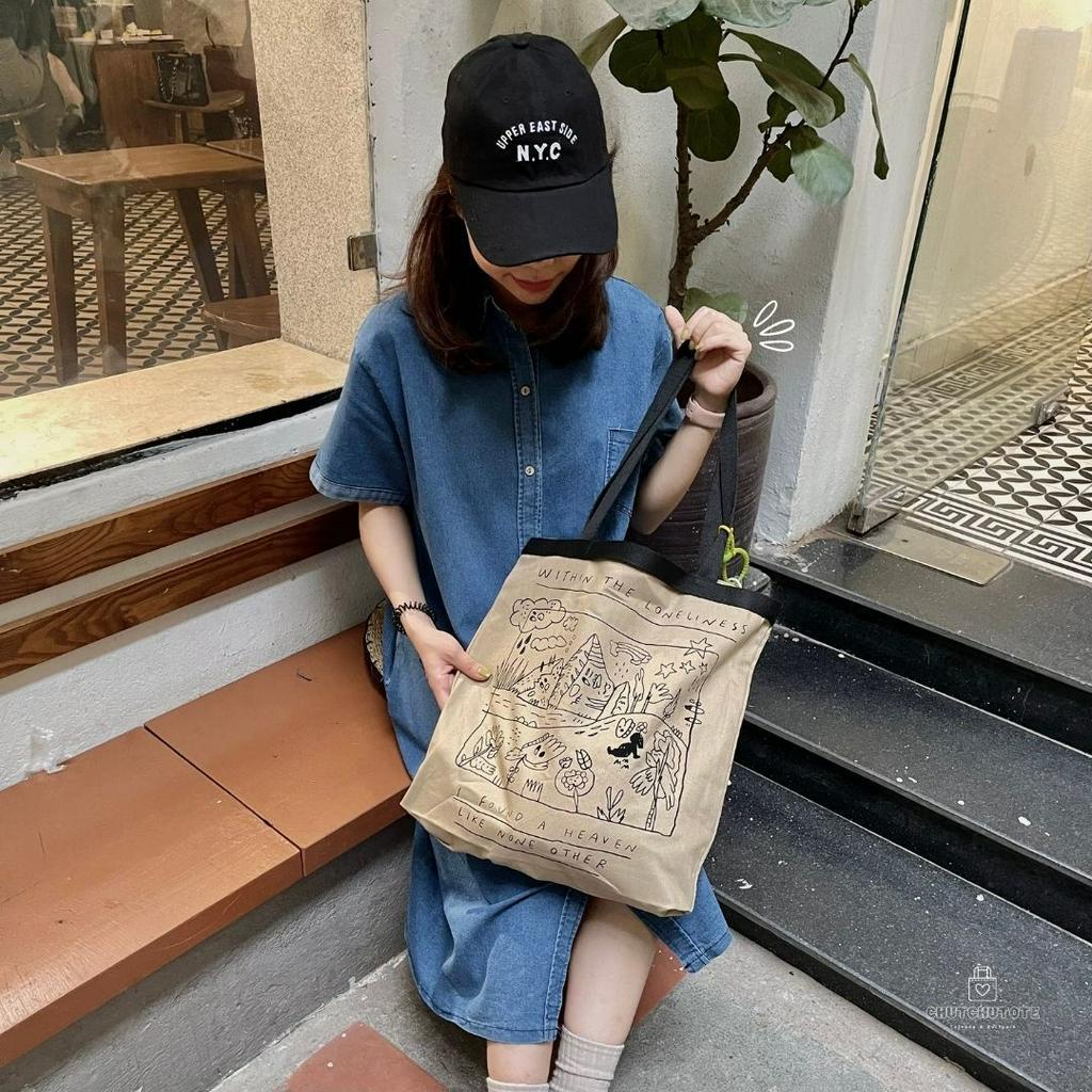 T384 - Túi tote túi vải thời trang Graffiti dễ thương màu nâu cafe