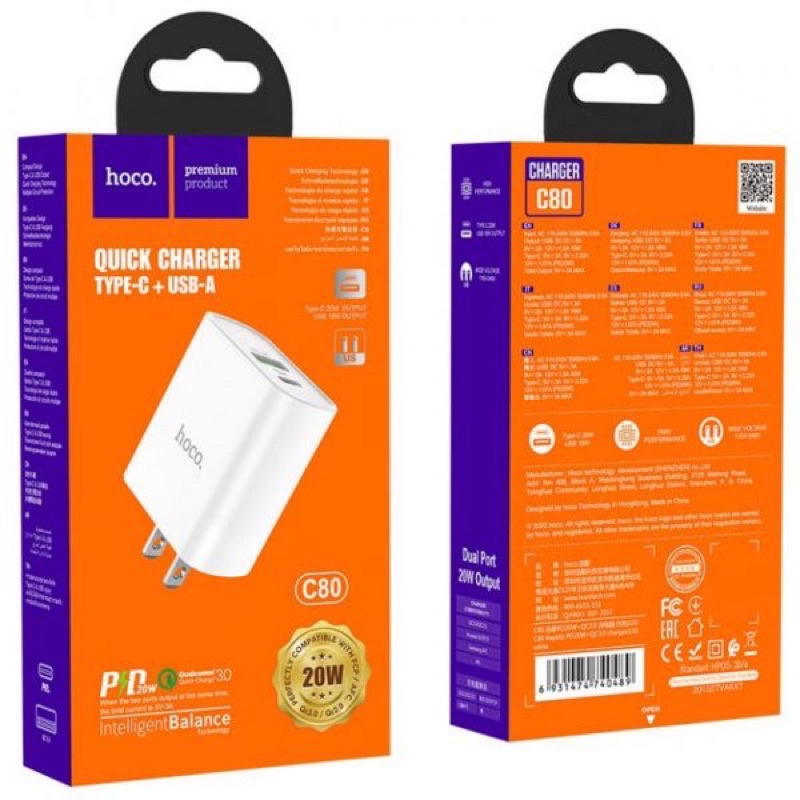 Củ Sạc Nhanh 20W cho Lightning ĐỜI CAO SAM SUNG / OPPO Chính Hãng HOCO C80 - 2 Cổng