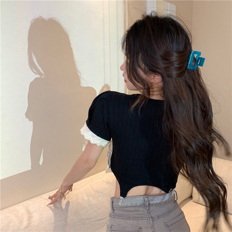 Áo Thun Eo Cao Thiết Kế Ren Thời Trang Mùa Hè Nhẹ Nhàng Thông Dụng Cho Nữ