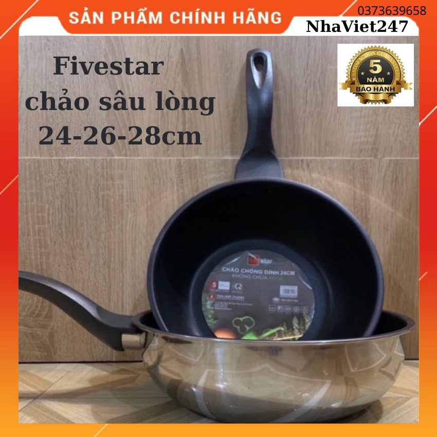 Chảo Chống Dính Sâu Lòng Fivestar-Inox 430-3 Đáy-24-26-28cm-chảo chiên,sào,rán-đáy từ chính hãng -giá rẻ-BH 5N