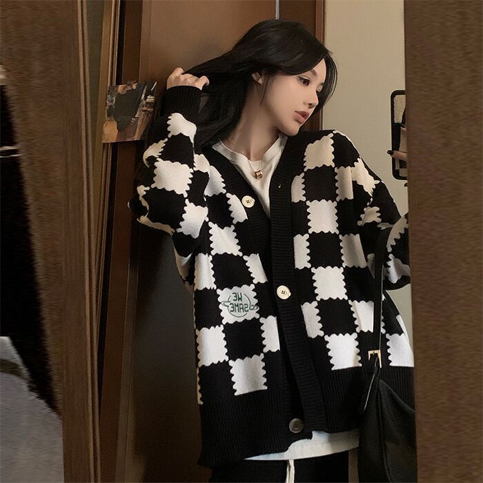【ZHELIHANGFEI】Áo Khoác Cardigan Dệt Kim Tay Dài Cổ Chữ V Họa Tiết Sọc Caro
