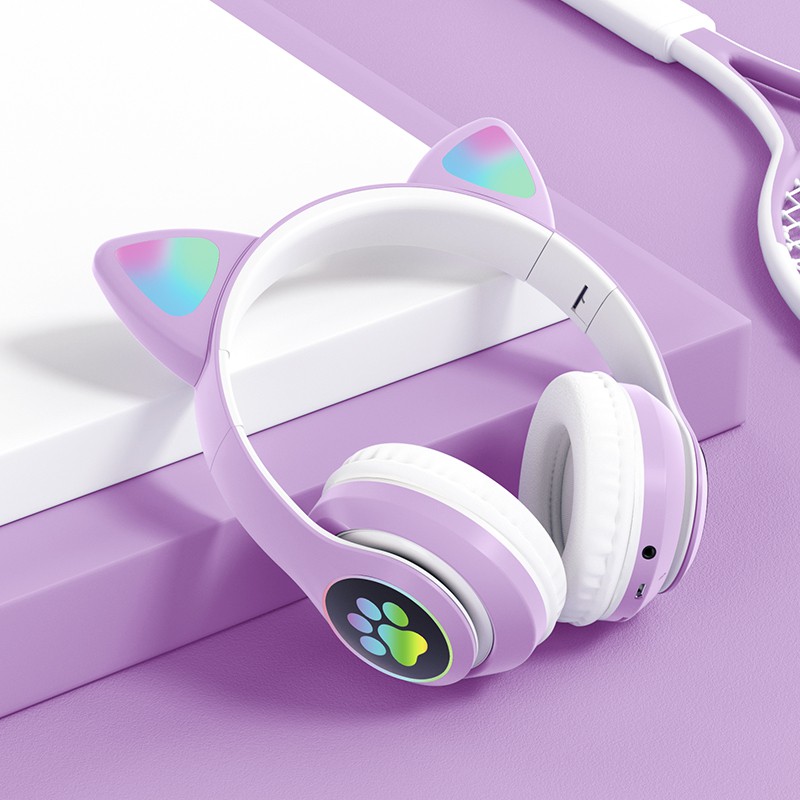 Tai nghe không dây chụp tai bluetooth 5.0 họa tiết tai mèo dễ thương dành cho các bạn nữ phát trực tiếp phù hợp với PC/ laptop