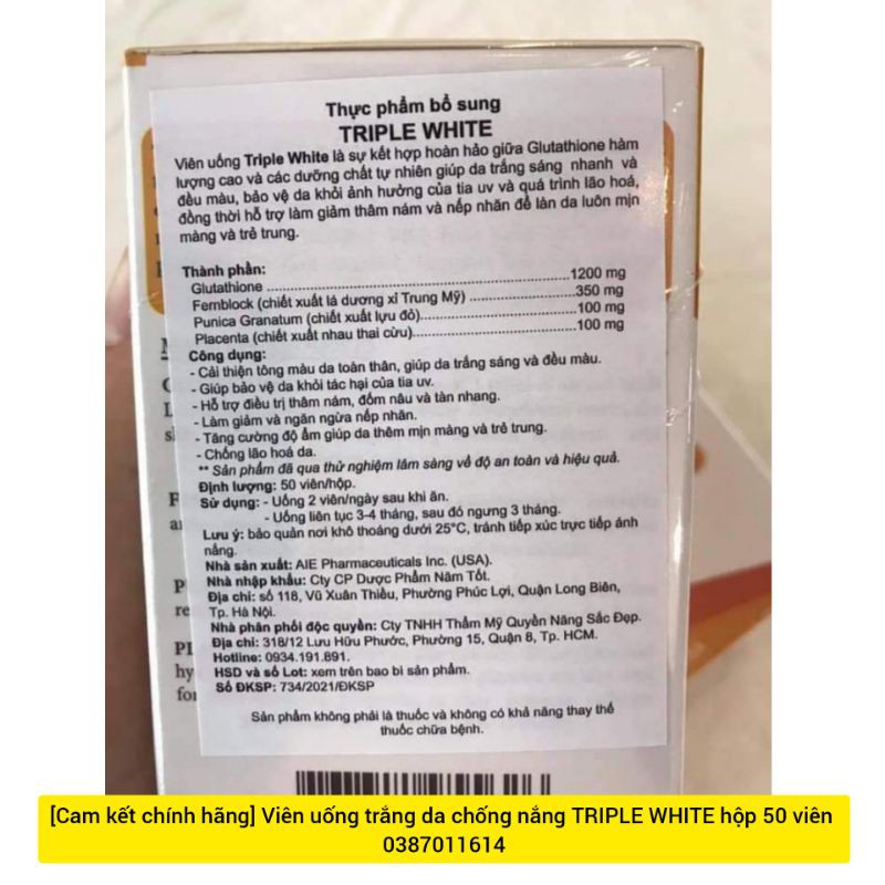 [Cam kết chính hãng] Viên uống trắng da chống nắng TRIPLE WHITE hộp 50 viên | Thế Giới Skin Care
