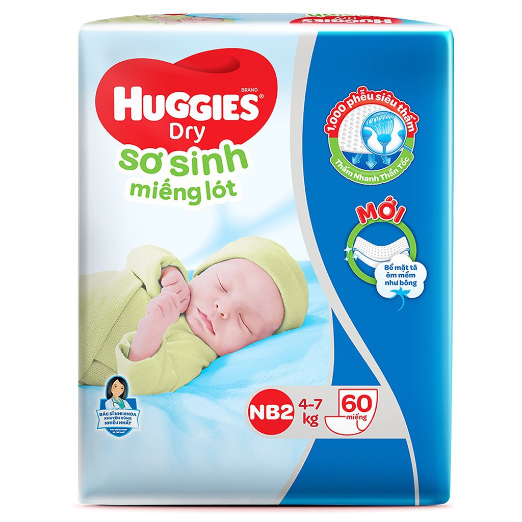 Miếng lót sơ sinh Huggies Dry NB 1 - 100 miếng/ NB2 - 60 miếng