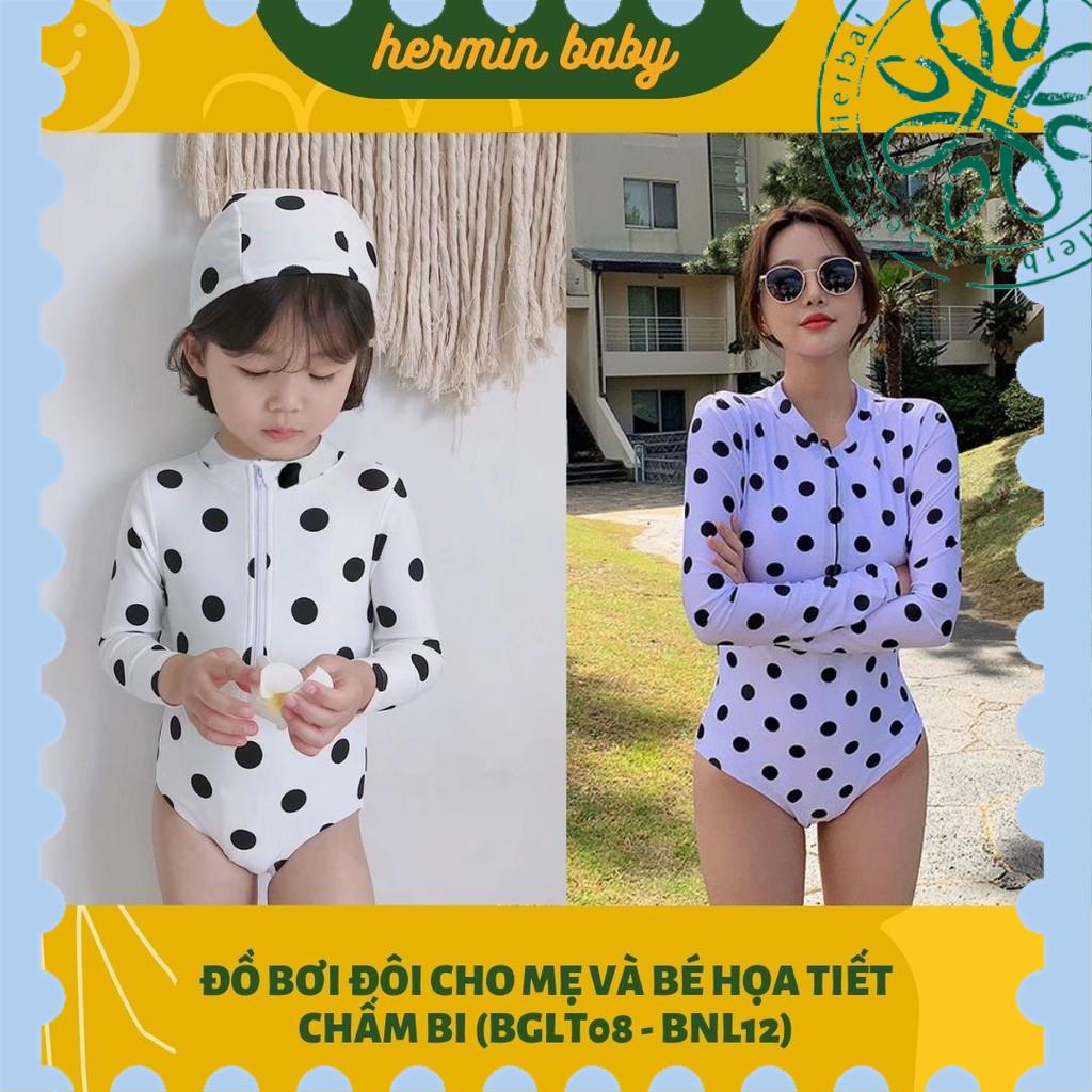Đồ bơi bé gái và bikini nữ liền thân trắng chấm bi - Bikini đôi mẹ và bé kiểu dáng liền thân (BGLT08