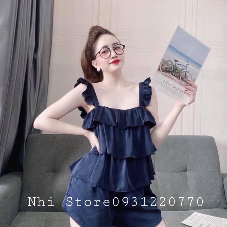 Bộ Lụa Latin Mặc Nhà Nhistore Quần Ngắn Áo 2 Dây Bèo 3 Tầng Freesize Dưới 57kg