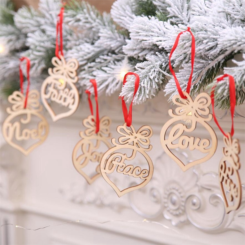 6Pcs Merry Christmas Decorations Wooden Hollow Ornament Christmas Tree Hanging Pendant Decoration