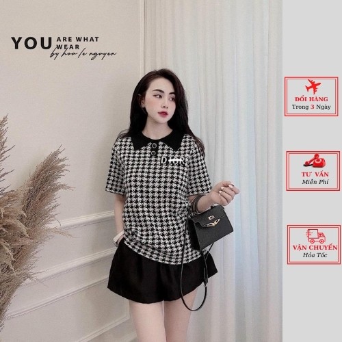 Áo len nữ ngắn tay kẻ sọc caro đen trắng cổ bẻ công sở ulzzang Hàn Quốc
