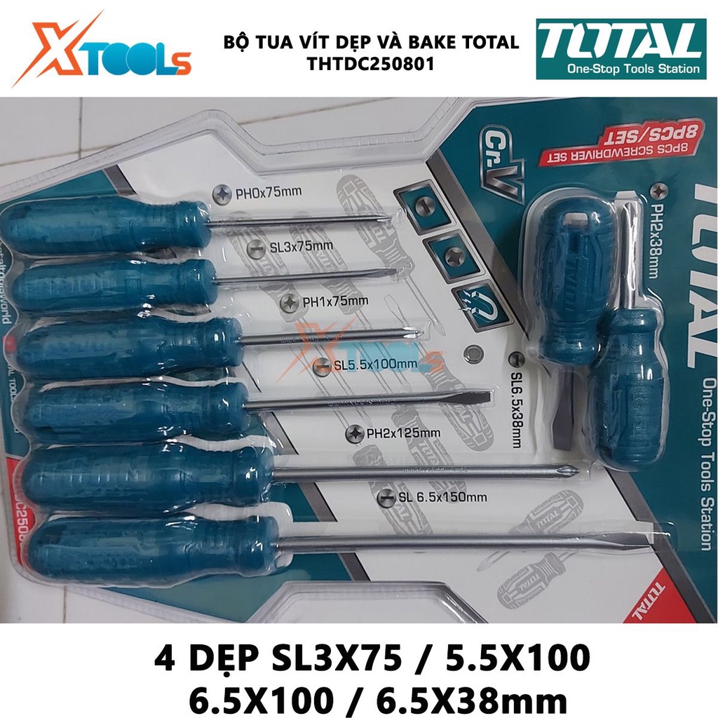 Bộ tuốc nơ vít dẹp và bake 8 chi tiết TOTAL THTDC250801 | dùng để siết chặt hoặc gỡ bỏ ốc vít [CHÍNH HÃNG] [XTOOLs]