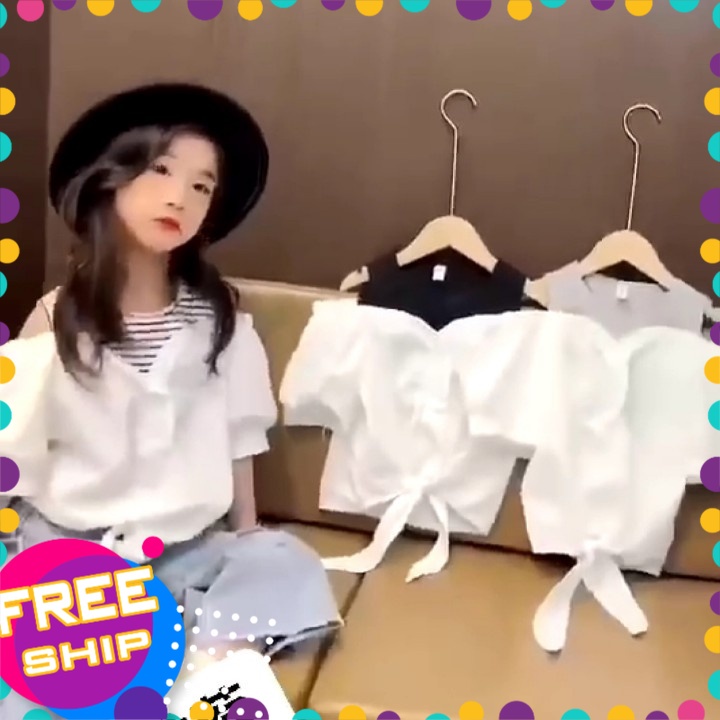 Áo cộc tay cho bé gái 3-8 tuổi hở vai, Áo kiểu trẻ em hàng Quảng Châu cao cấp vải thô thấm hút mồ hôi