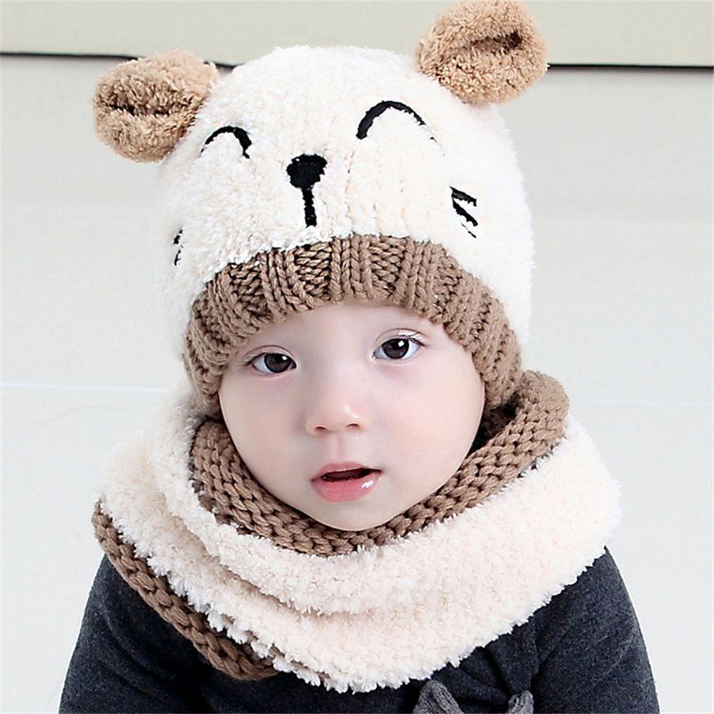Mũ Đan Len Kèm Khăn Choàng Cổ Hình Mèo Dễ Thương Cho Bé