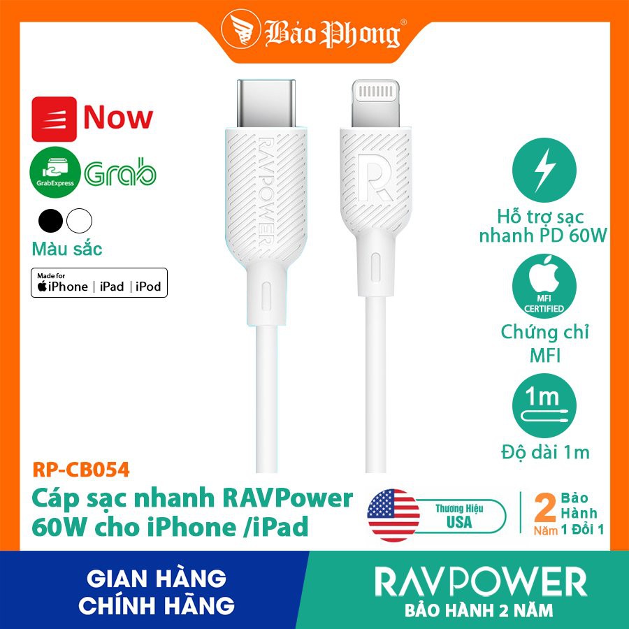 Dây Cáp sạc nhanh RAVPower Type C to Lightning MFI RP-CB054 cho iPhone iPad IP 6 7 8 Plus 10 11 12 Pro max x xs giá rẻ