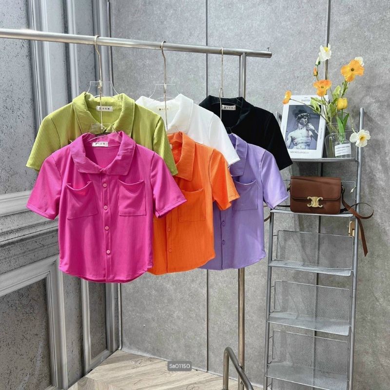 Áo sơ mi cổ bẻ tay ngắn phối 2 túi vải THUN Co giãn A15
