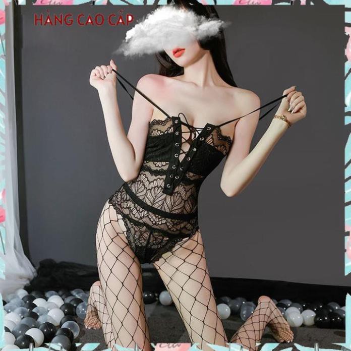 Bodysuit sexy dây đan ngực quyến rũ jumsuit ren kèm tất lưới y hình Thư Thư [HÀNG CAO CẤP]