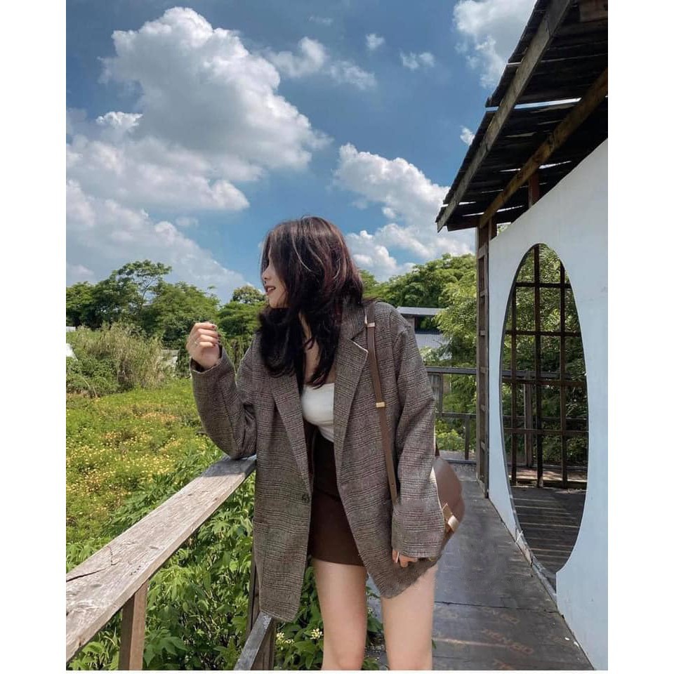 Áo blazer dạ kẻ 2 lớp 1 khuy kèm ảnh thật, Áo blazer dạ kẻ 2 lớp túi hộp 2 màu kẻ đen, kẻ xám style Hàn Quốc