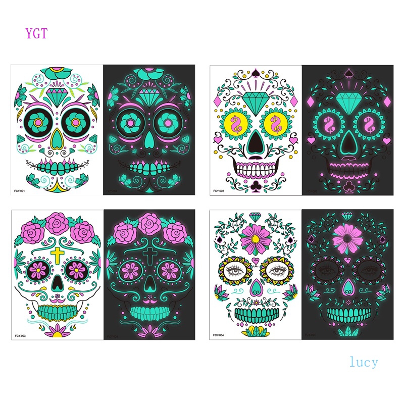 Ygt 1 Miếng Dán Hình Xăm Tạm Thời Họa Tiết Đầu Lâu Dạ Quang Chống Thấm Nước Trang Điểm Mặt Ngày Halloween