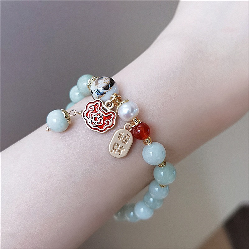 Pulse Jewelry Thời trang Phong cách Hàn Quốc Phụ nữ Vòng tay Hạt ngọc trai Đá tự nhiên Khóa trường thọ Mặt dây chuyền Vòng tay quyến rũ