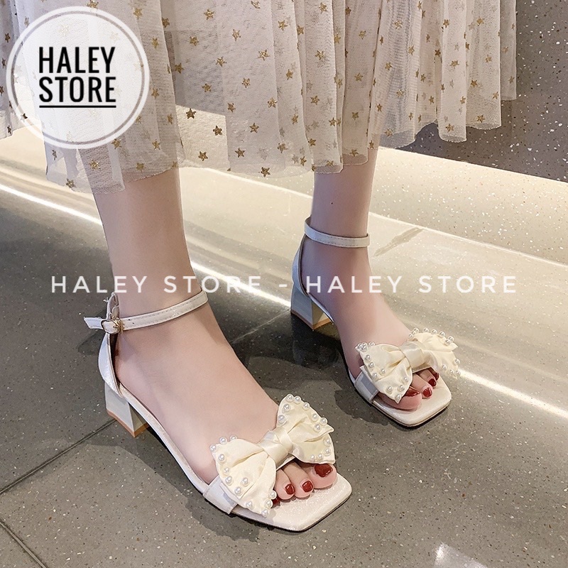 Giày sandal nữ HALEY STORE gót vuông cao 5cm dễ đi da lụa đính nơ ngọc đi chơi đi tiệc đi cưới cô dâu tiểu thư