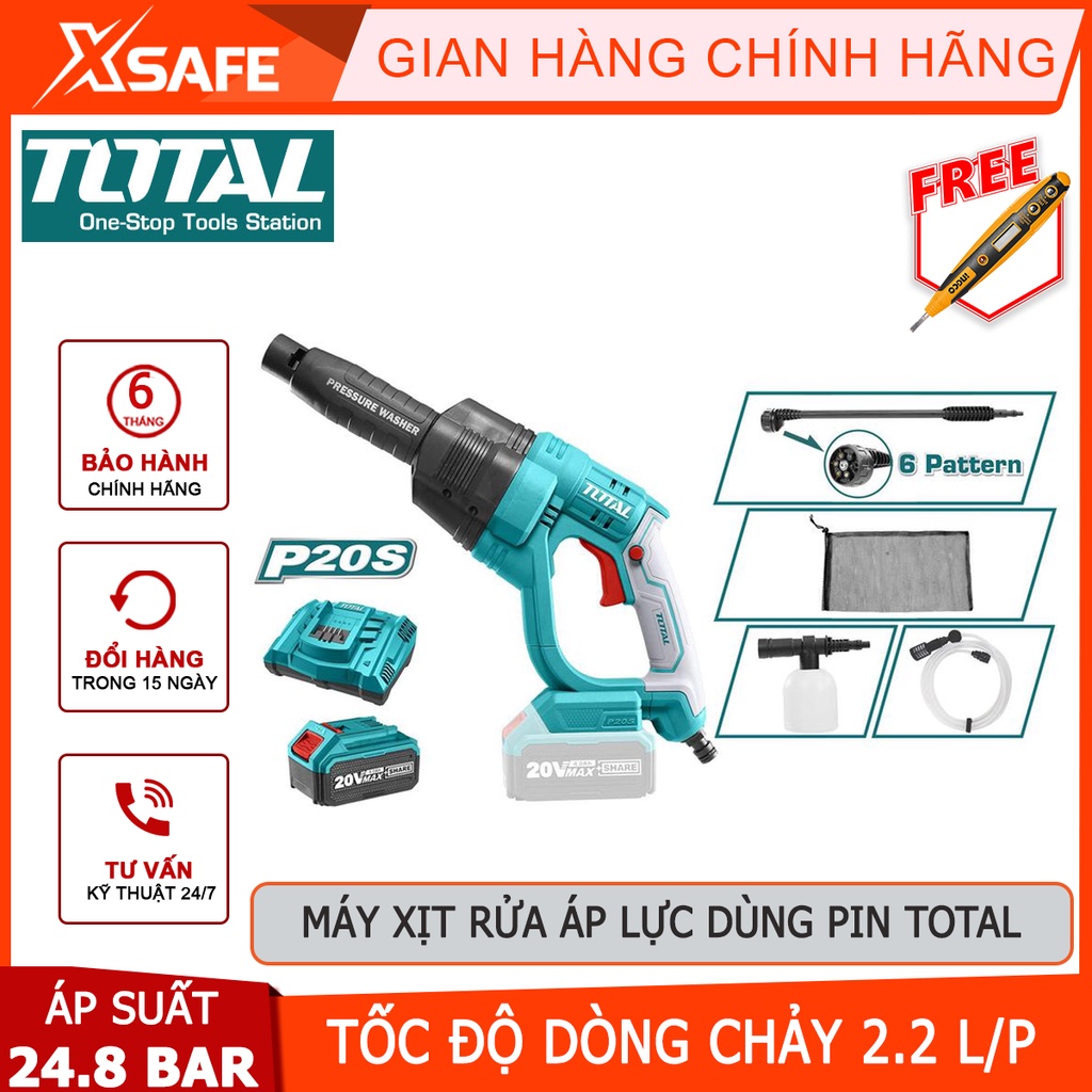 Máy xịt rửa xe cầm tay TOTAL TPWLI20084 Máy xịt rửa áp lực kèm 1 pin 4.0Ah, 1 sạc nhanh cùng nhiều phụ kiện hỗ trợ