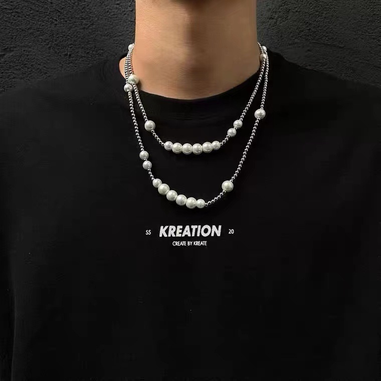 Vòng cổ ngọc trai thời trang bằng thép không gỉ hip hop cho phụ nữ nam giới