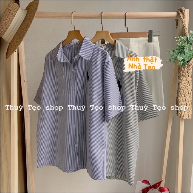 [Ảnh thật] Áo sơ mi kẻ thêu logo cộc tay - Áo sơ mi cổ đức thêu logo ngực