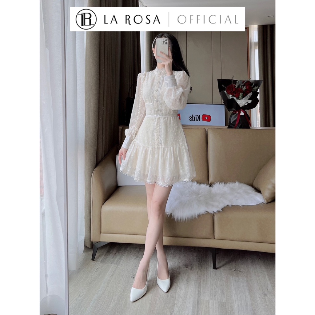 Đầm Voan Tiểu Thư Cổ Tàu La Rosa V784 Váy Thiết Kế Dài Tay Phối Cúc Bọc, Chât Liệu Mềm Mại Họa Tiết Hạt Sang Chảnh