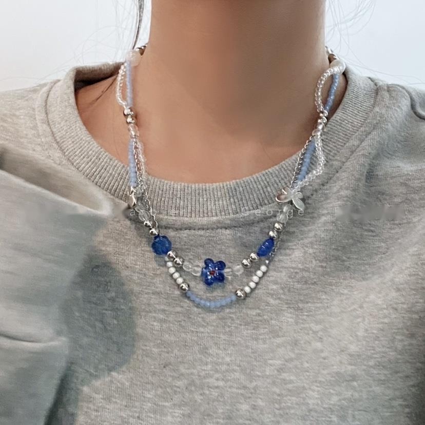 Vòng cổ Hai Lớp Họa Tiết Hoa Và Bướm Phong Cách Hàn Quốc